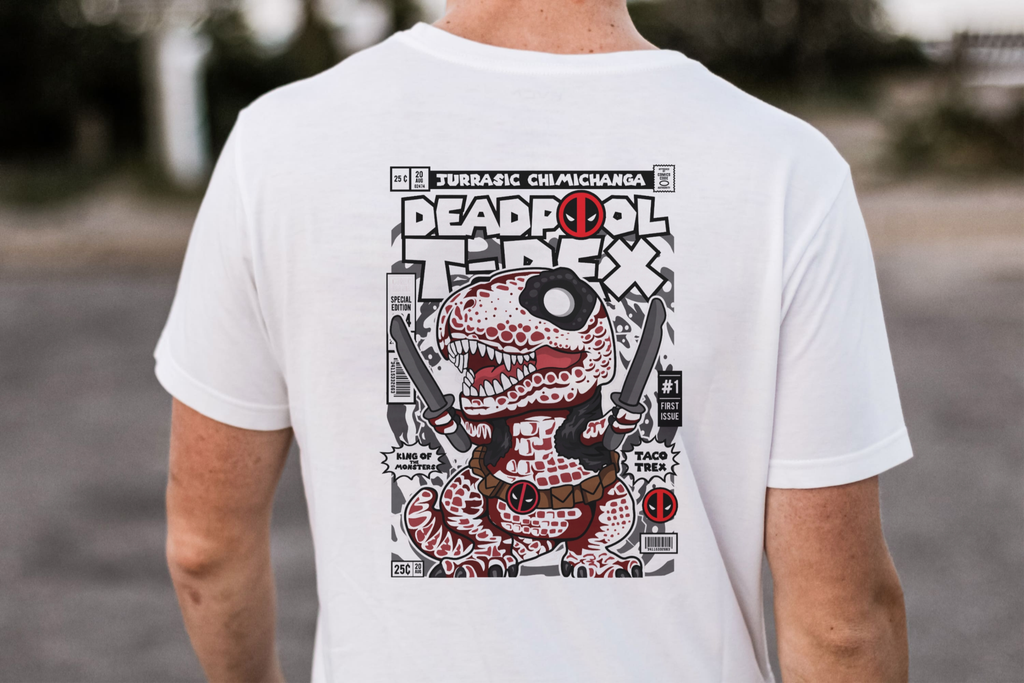 Jurassic Chimichanga" Funko Deadpool T-Rex Comic Tee
