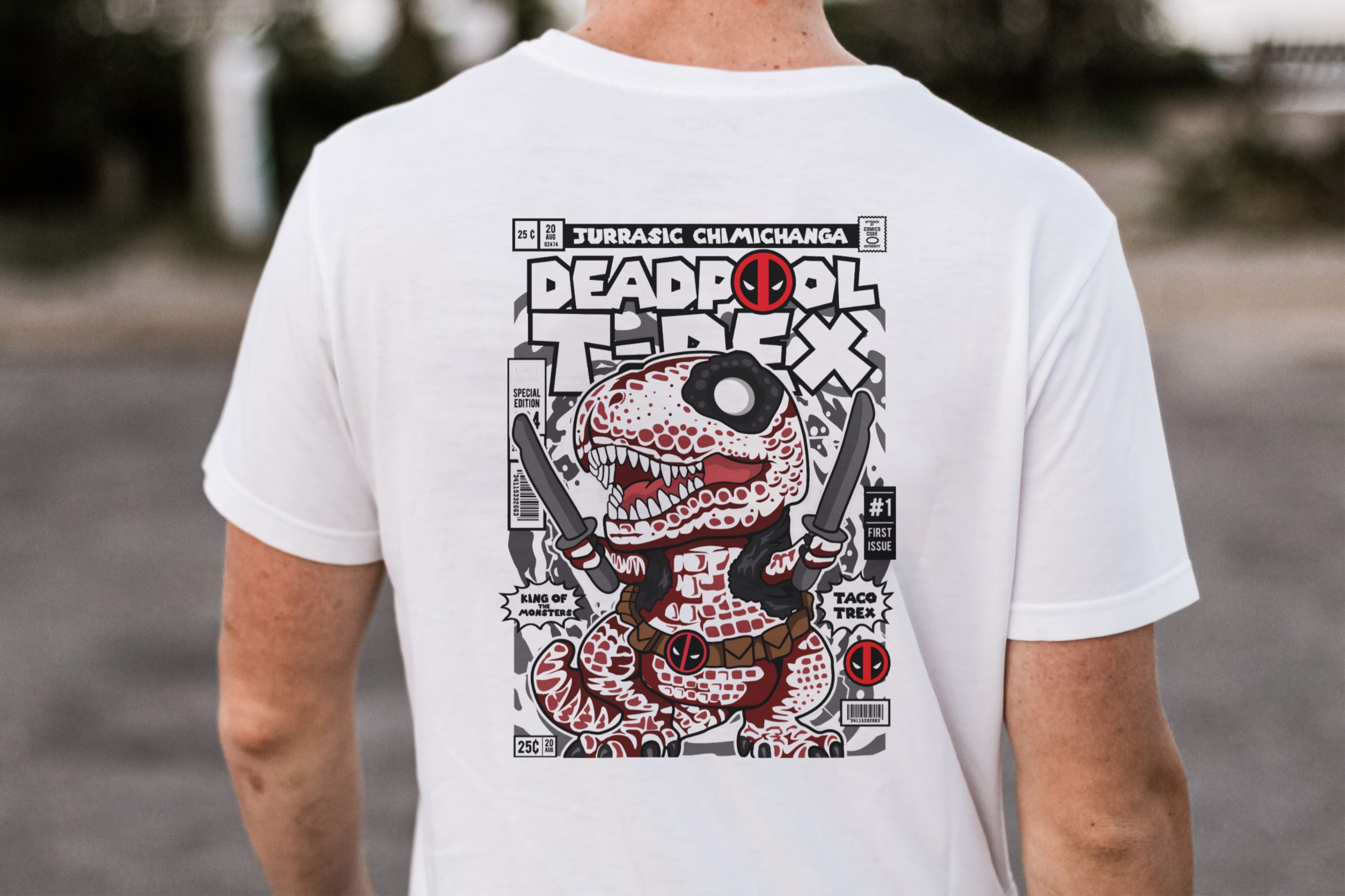 Jurassic Chimichanga" Funko Deadpool T-Rex Comic Tee