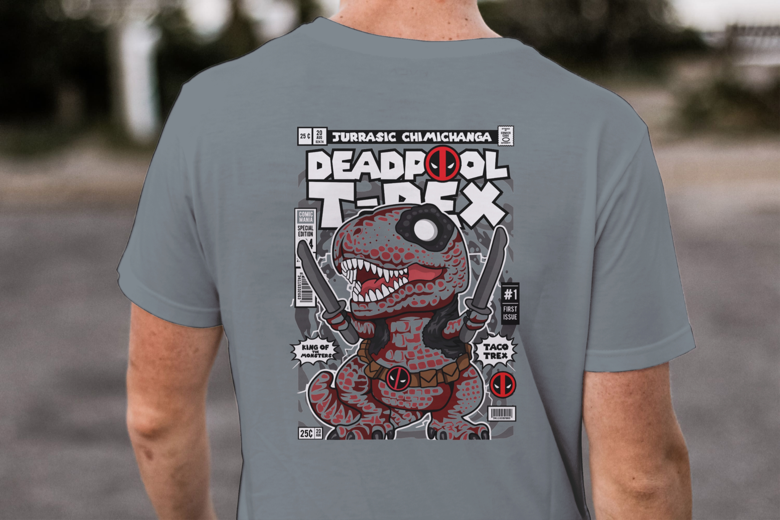 Jurassic Chimichanga" Funko Deadpool T-Rex Comic Tee
