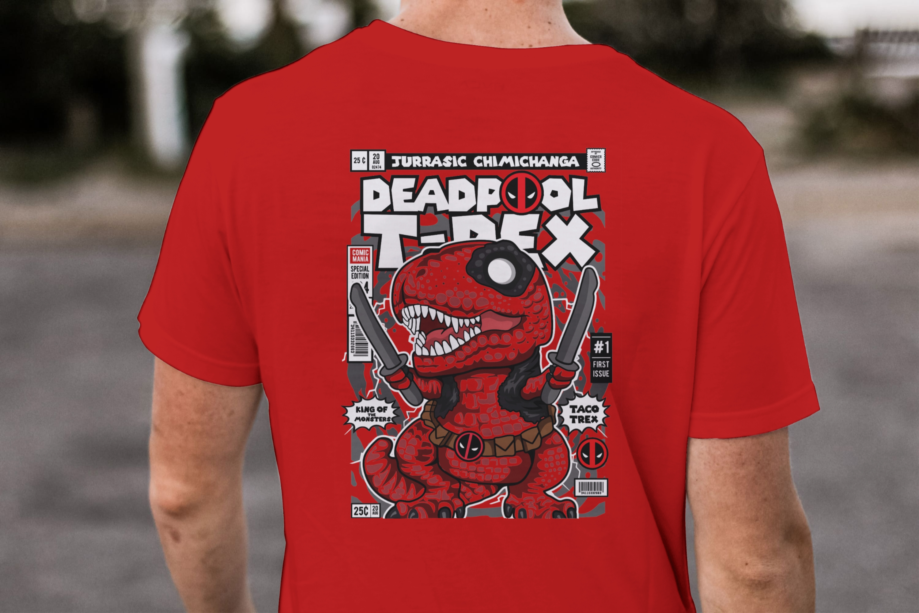 Jurassic Chimichanga" Funko Deadpool T-Rex Comic Tee